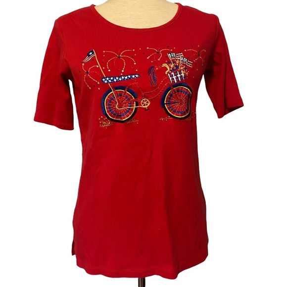 Quacker Factory patriotic beaded bicycle tee shirt red size XXS A262568 - Picture 1 of 6